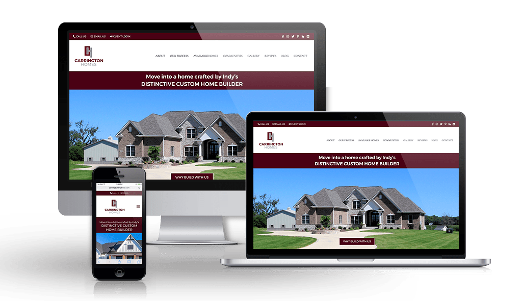 desktop, laptop, & cell phone displaying the homepage of Carrington Homes