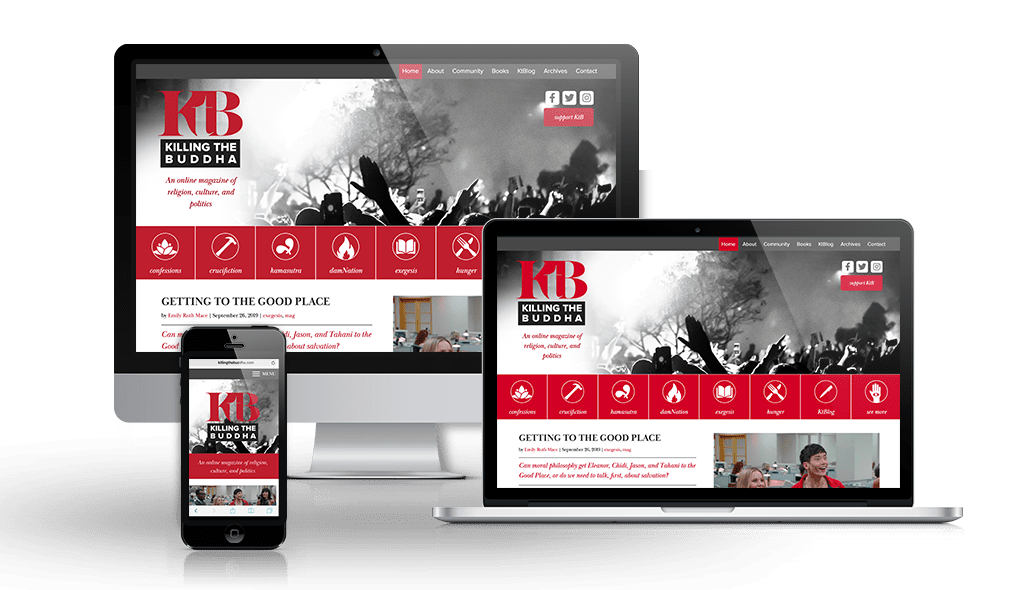 desktop, laptop, & cell phone displaying the homepage of Killing the Buddha