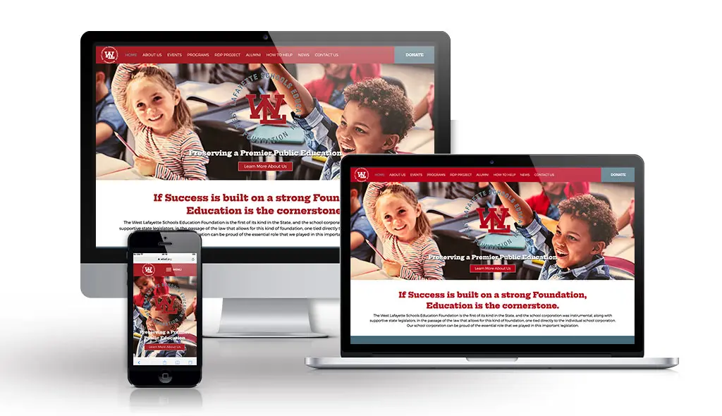 wlsef desktop, laptop, & cell phone displaying the homepage of West Lafayette Schools Education Foundation