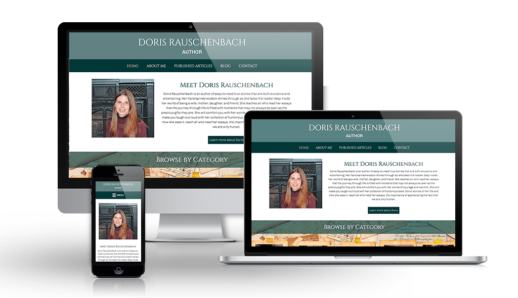 desktop, laptop, & cell phone displaying the homepage of Doris Rashschenbach website