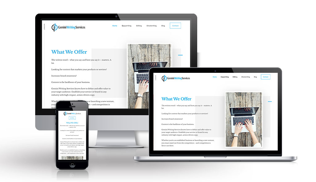 desktop, laptop, & cell phone displaying the homepage of Gemini Writing Services