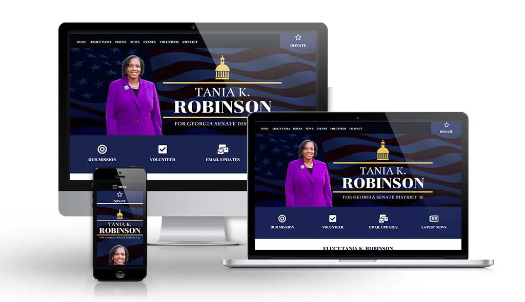 desktop, laptop, & cell phone displaying the homepage of Tania Robinson for Georgia Senate