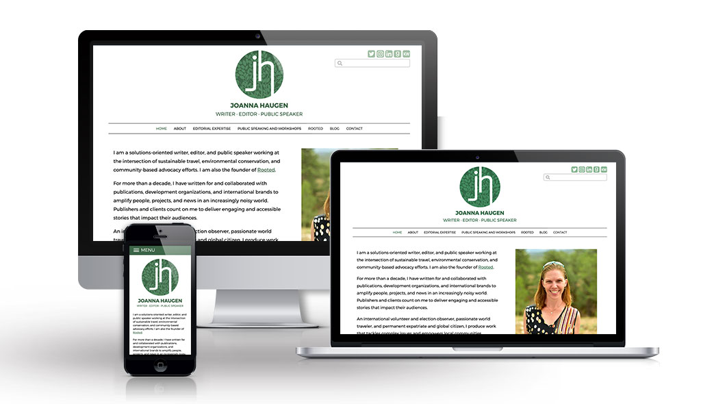 joannahaugen desktop, laptop, & cell phone displaying the homepage of Joanna Haugen