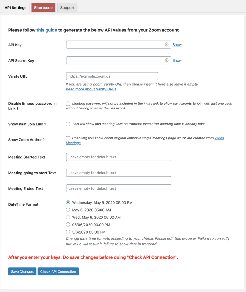 Zoom WP Settings