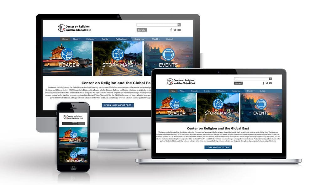 desktop, laptop, & cell phone displaying the homepage of Center on Religion and the Global East