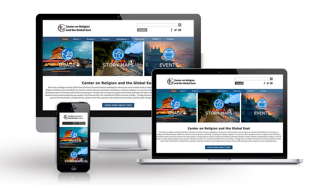 CRGE-portfolio desktop, laptop, & cell phone displaying the homepage of Center on Religion and the Global East