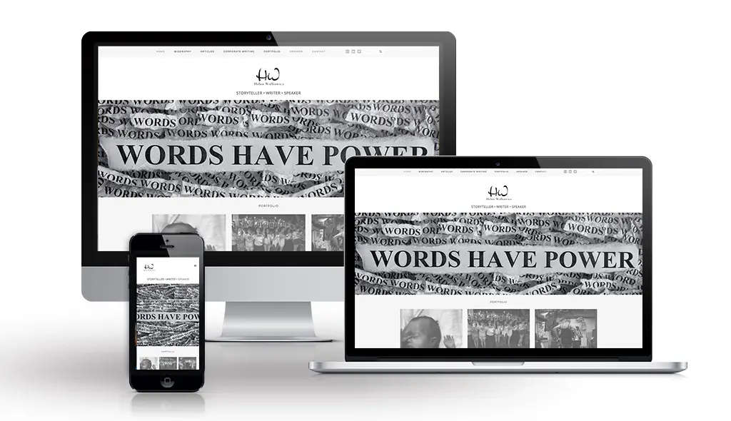 HWauthor desktop, laptop, & cell phone displaying the homepage of Helen Wolkowicz