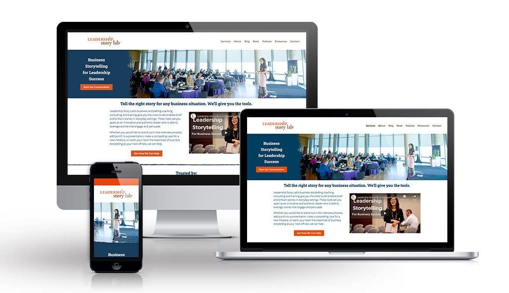 desktop, laptop, & cell phone displaying the homepage of Leadership Story Lab