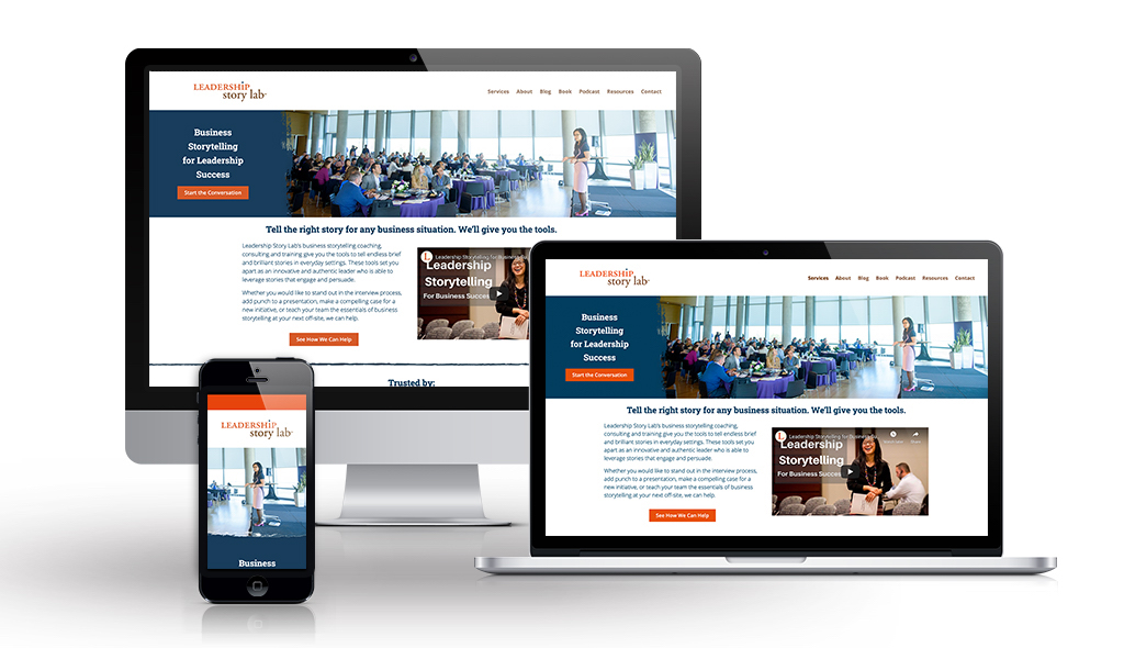 Leadership desktop, laptop, & cell phone displaying the homepage of Leadership Story Lab