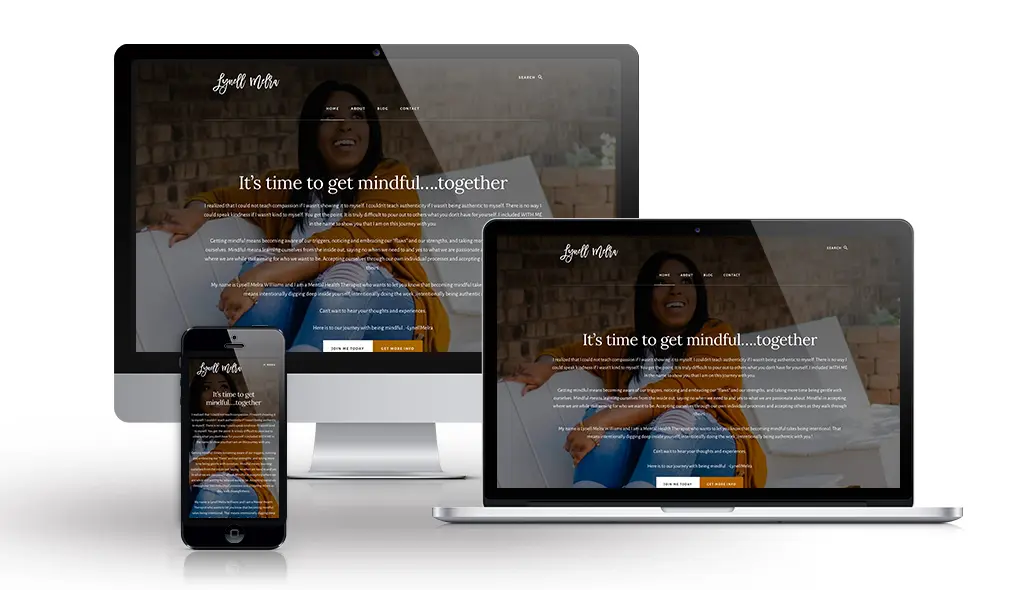 Lynell desktop, laptop, & cell phone displaying the homepage of Get Mindful With Me