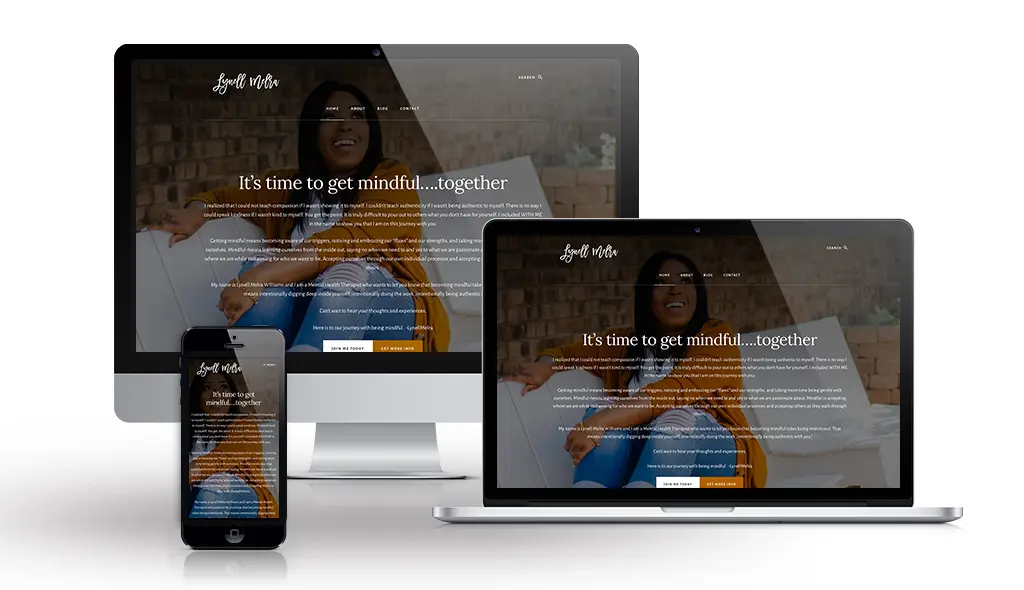 desktop, laptop, & cell phone displaying the homepage of Get Mindful With Me