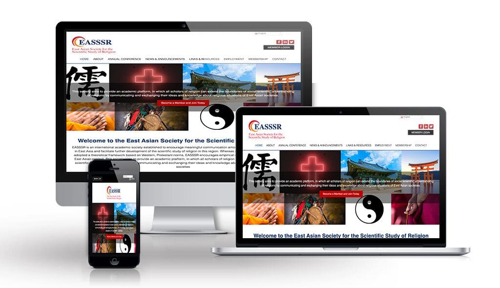 desktop, laptop, & cell phone displaying the homepage of EASSSR (East Asian Society for the Scientific Study of Religion