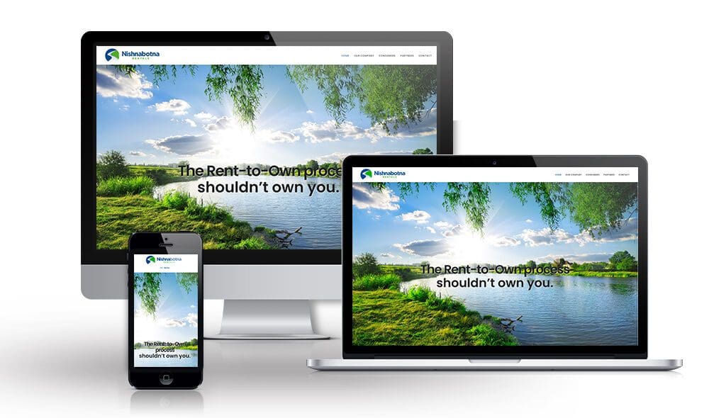 desktop, laptop, & cell phone displaying the homepage of Nishnabotna Rentals