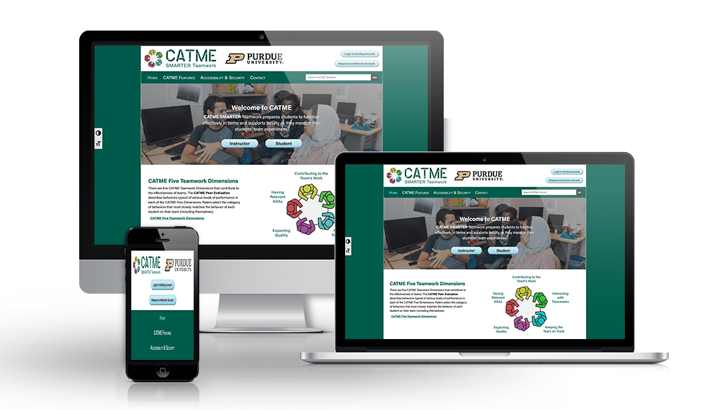 desktop, laptop, & cell phone displaying the homepage of CATME Greater Teamwork