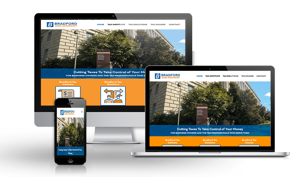 desktop, laptop, & cell phone displaying the homepage of Bradford and Company