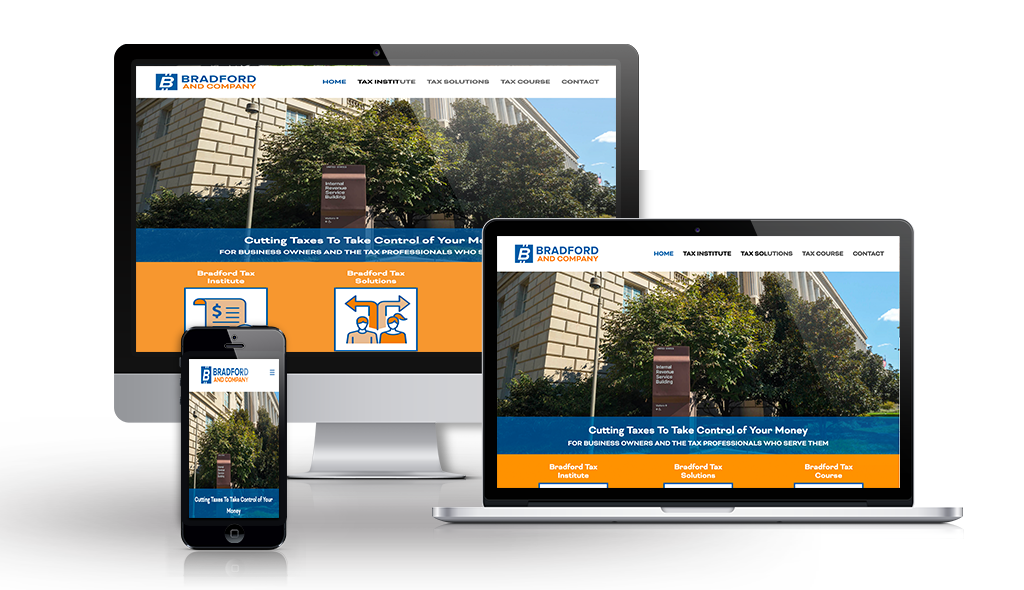 bradford-company-portfolio desktop, laptop, & cell phone displaying the homepage of Bradford and Company