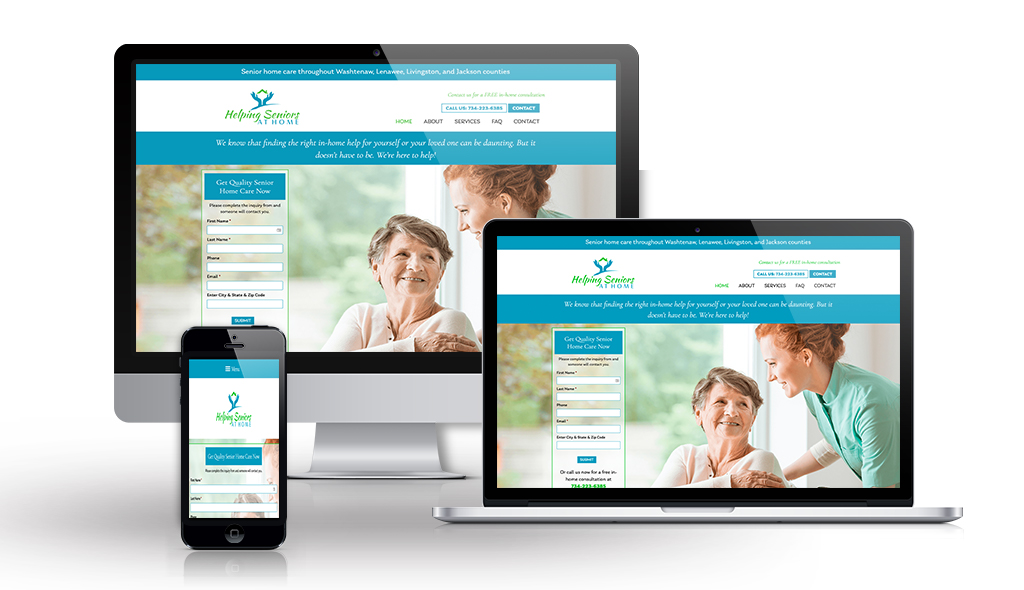 desktop, laptop, & cell phone displaying the homepage of Helping Seniors at Home