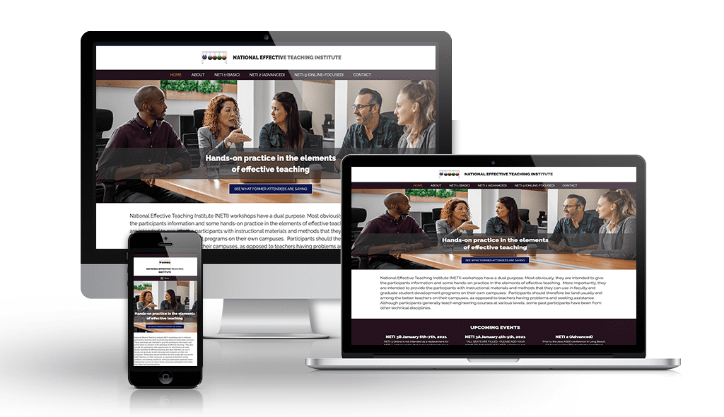 desktop, laptop, & cell phone displaying the homepage of NETI (National Effective Teaching Institute)