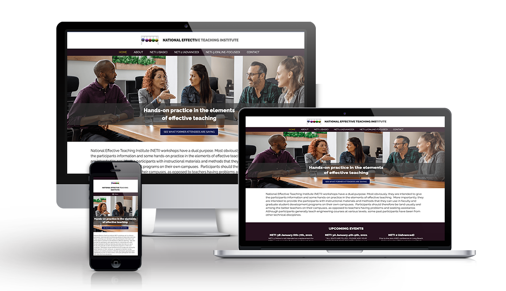 NETI-portfolio-image-revised desktop, laptop, & cell phone displaying the homepage of NETI (National Effective Teaching Institute)