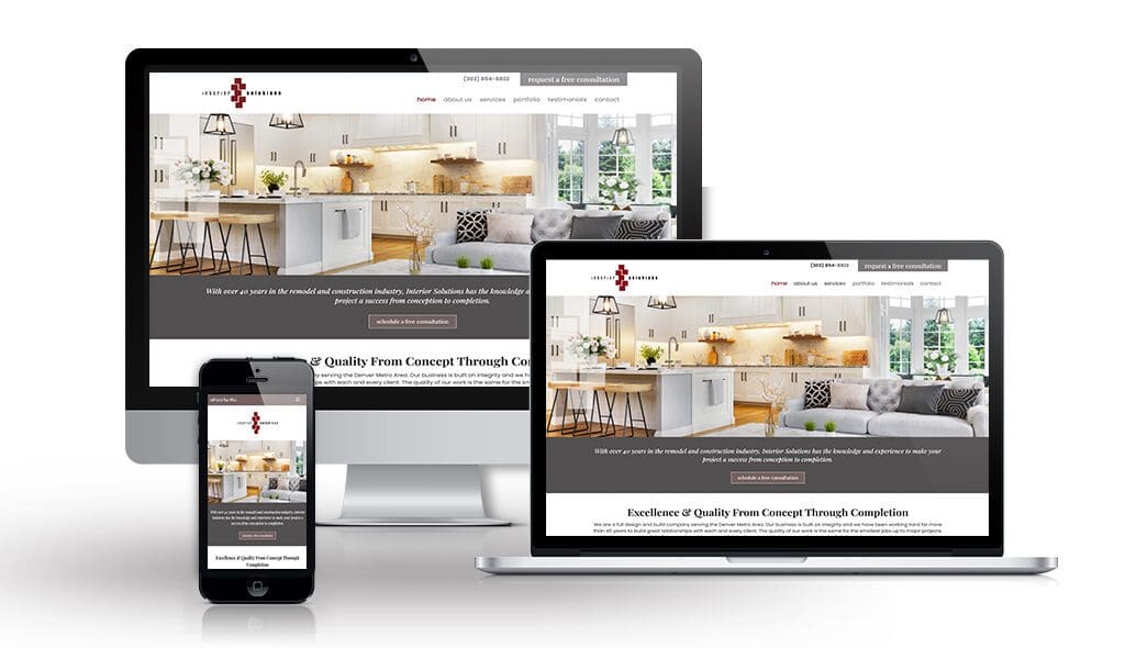 desktop, laptop, & cell phone displaying the homepage of Interior Solutions