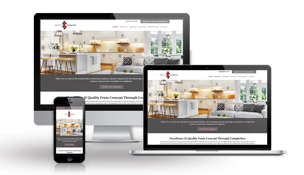 interior-solutions-portfolio-image desktop, laptop, & cell phone displaying the homepage of Interior Solutions