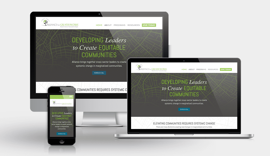 desktop, laptop, & cell phone displaying the homepage of Alliance for Greater Works