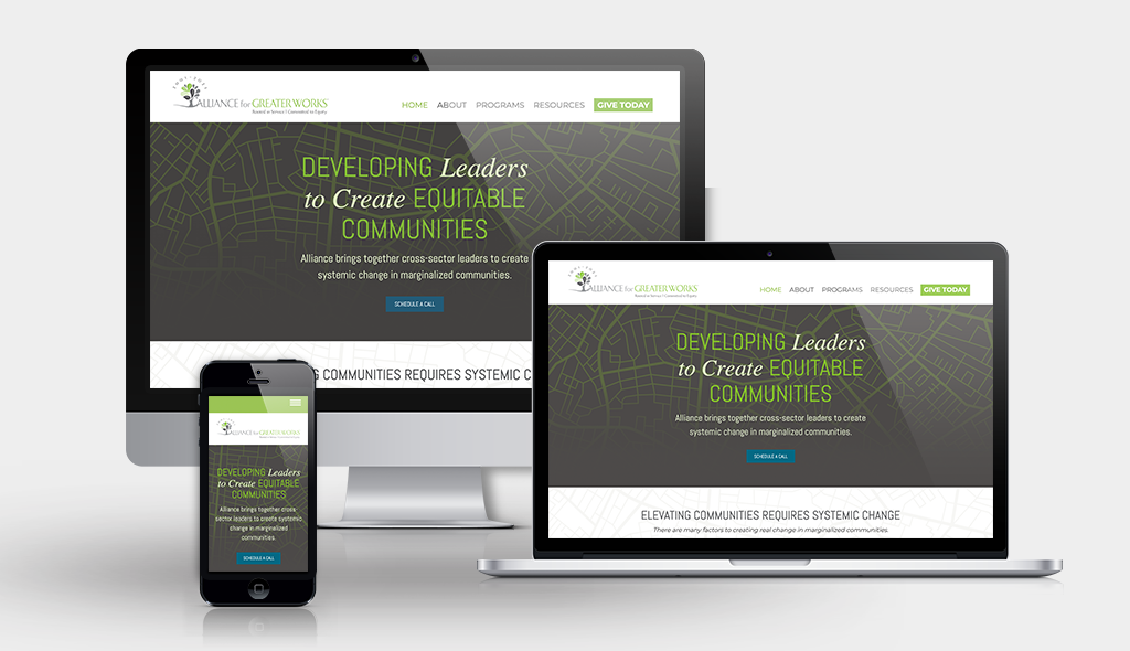 alliance-for-greater-works-portfolio desktop, laptop, & cell phone displaying the homepage of Alliance for Greater Works