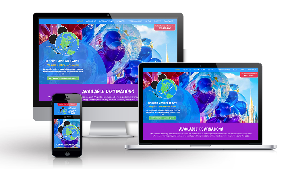 mousing-around-portfolio-image desktop, laptop, & cell phone displaying the homepage of Mousing Around Travel