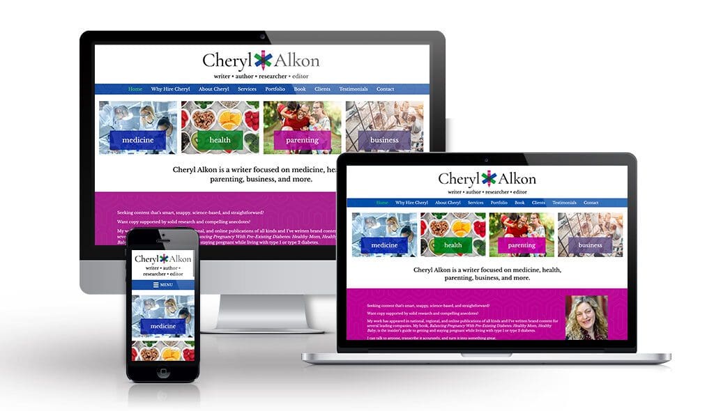 desktop, laptop, & cell phone displaying the homepage of Cheryl Alkon