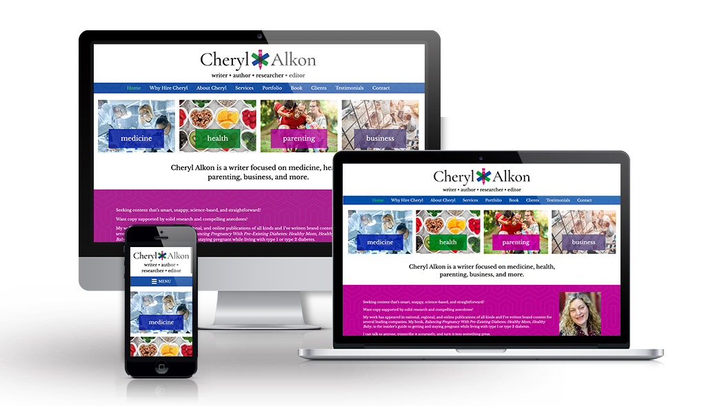 cheryl-alkon-portfolio-image desktop, laptop, & cell phone displaying the homepage of Cheryl Alkon