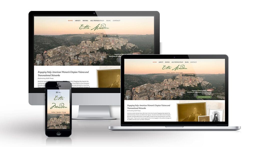 desktop, laptop, & cell phone displaying the homepage of Etta Madden