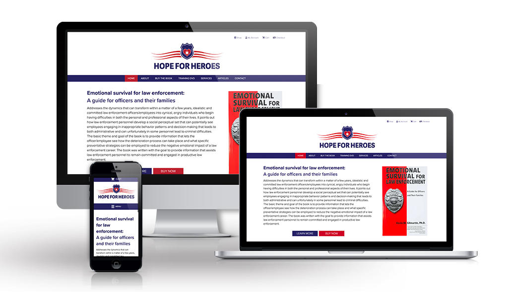 desktop, laptop, & cell phone displaying the homepage of Hope for Heroes