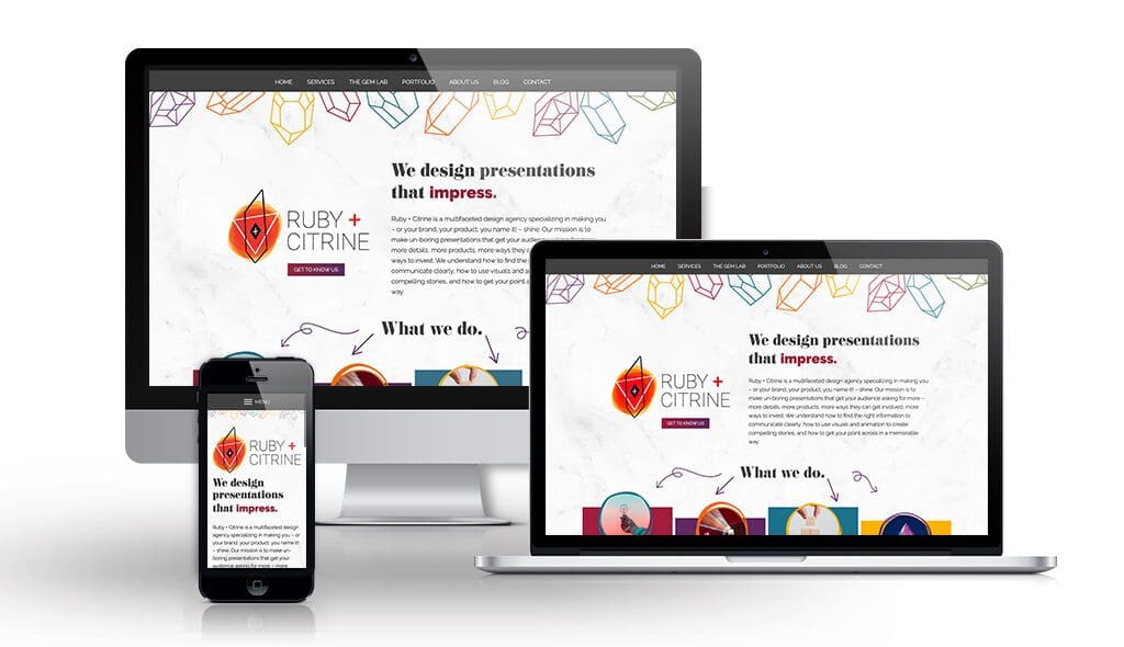 desktop, laptop, & cell phone displaying the homepage of Ruby & Citrine