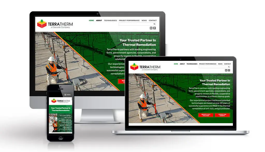 desktop, laptop, & cell phone displaying the homepage of TerraTherm