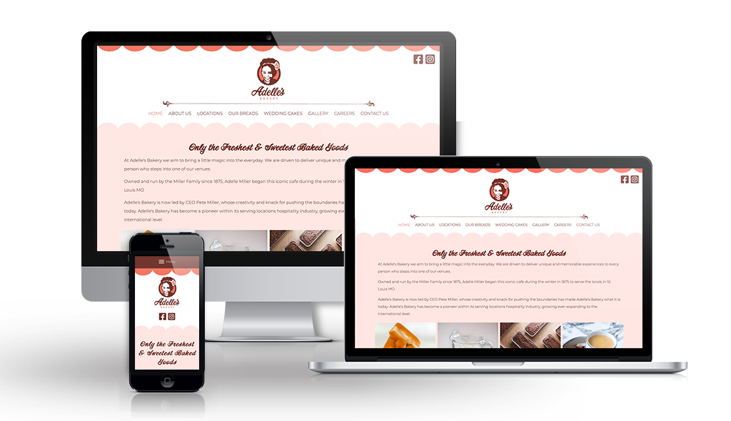 adelles desktop, laptop, & cell phone displaying the homepage of Adelle's Bakery