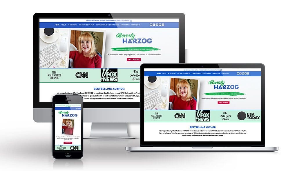 desktop, laptop, & cell phone displaying the homepage of Beverly Harzog