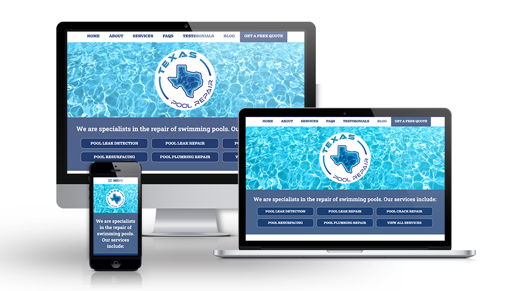 desktop, laptop, & cell phone displaying the homepage of Texas Pool Repair