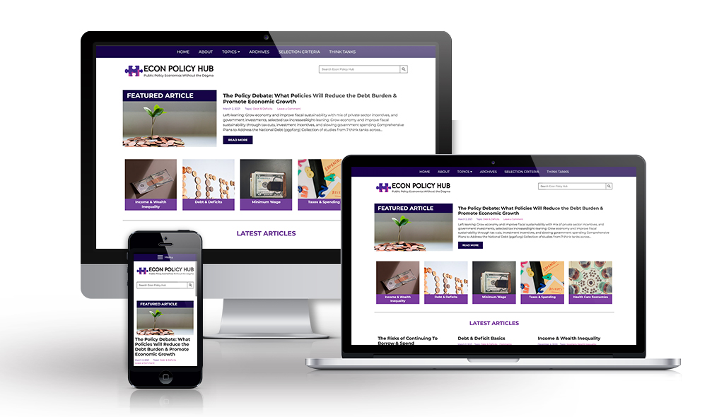 desktop, laptop, & cell phone displaying the homepage of Econ Policy Hub
