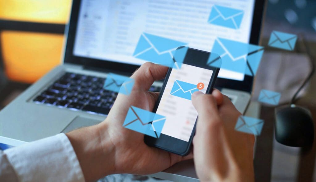 email marketing concept, person reading e-mail on smartphone, receive new message email marketing concept, person reading e-mail on smartphone, receive new message