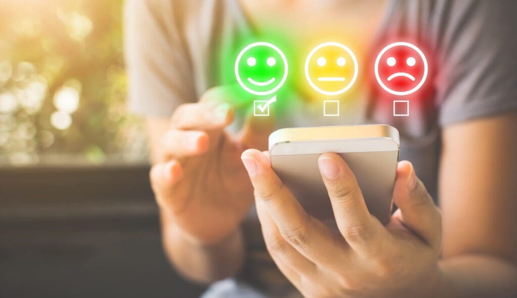 Customer Service Experience and Business Satisfaction Survey. Woman choose face smile on smart phone Online Surveys