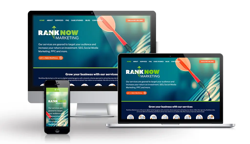 desktop, laptop, & cell phone displaying the homepage of Rank Now Marketing