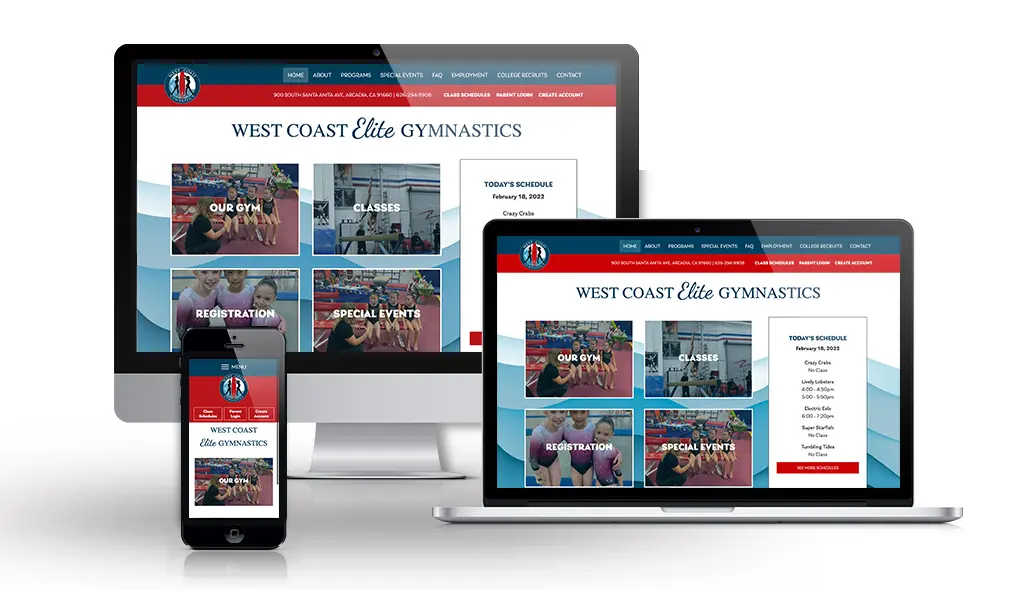 desktop, laptop, & cell phone displaying the homepage of West Coast Elite Gymnastics