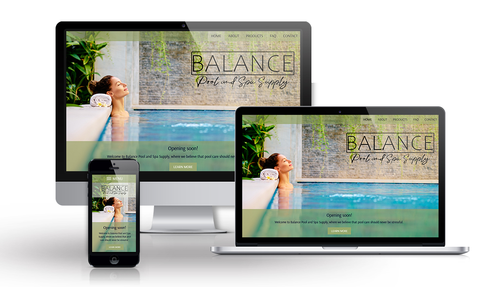 desktop, laptop, & cell phone displaying the homepage of portfolio image for Balance Pool, shows lady relaxing in a pool