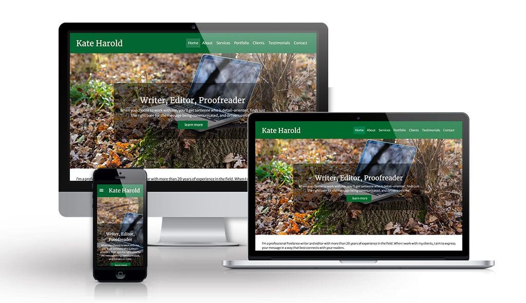 desktop, laptop, & cell phone displaying the homepage of Kate Harold