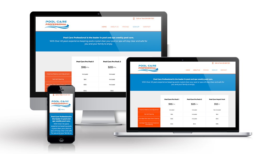 desktop, laptop, & cell phone displaying the homepage of Pool Care Professional