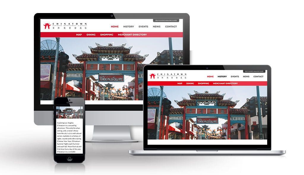 desktop, laptop, & cell phone displaying the homepage of Chinatown LA