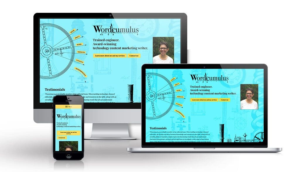 desktop, laptop, & cell phone displaying the homepage of Wordcumulus