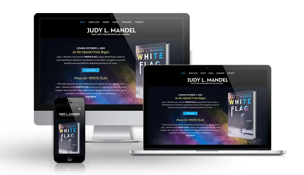 desktop, laptop, & cell phone displaying the homepage of Judy Mandel