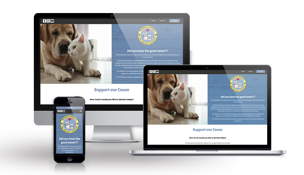 desktop, laptop, & cell phone displaying the homepage of Humane Society for Greater Lafayette