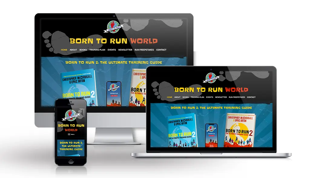 desktop, laptop, & cell phone displaying the homepage of Born to Run World